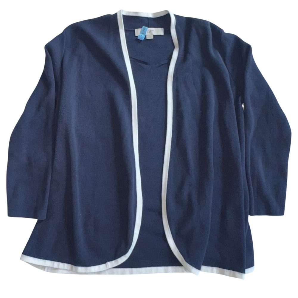 Loft 100% Cotton Navy Blue Open Front Cardigan White Trim Knit Sweater Womens S